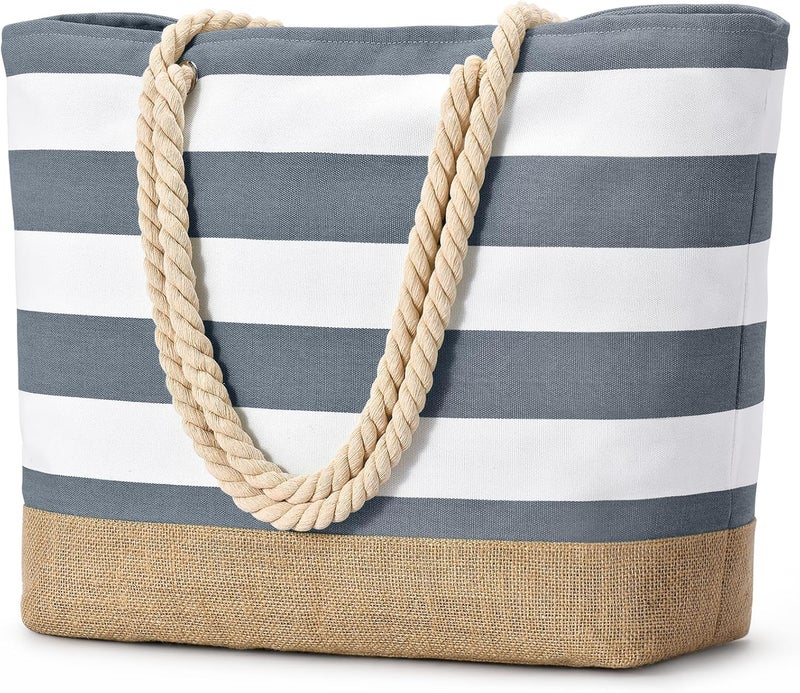 Becokan Beach Bags for Women Large Canvas Beach Tote Bag Beach Bags Waterproof Sandproof Swim Pool Bag Travel Essentials - Image 1
